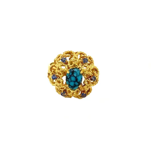 Vintage 18K Gold Ring with Turquoise and Sapphire