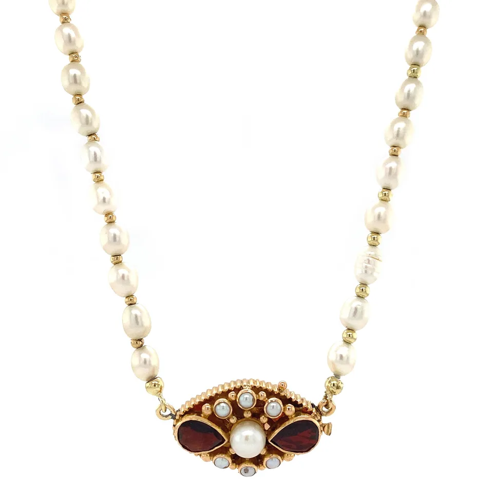 Vintage Pearl Necklace with 14K Gold Garnet Clasp