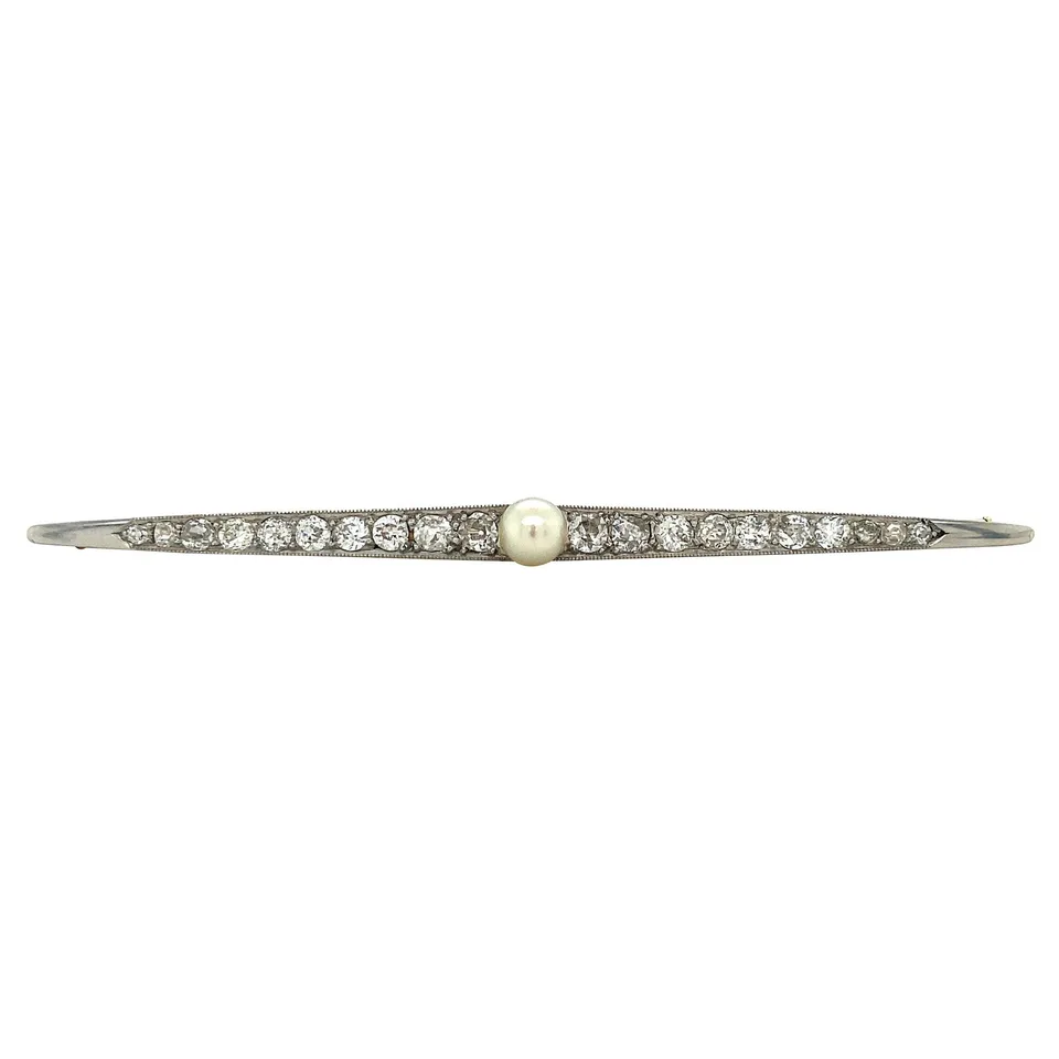 Vintage 14K Two Tone Gold Brooch with Pearl and Diamond