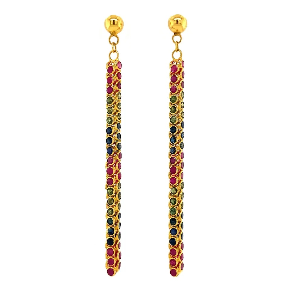 Vintage 18K Gold Drop Earrings with Emerald, Ruby and Sapphire