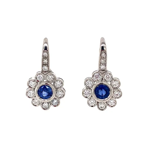 Vintage 18K White Gold Drop Earrings with Sapphire and Diamond