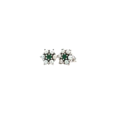 Vintage Sterling Silver Stud Earrings with Emerald and Pearl