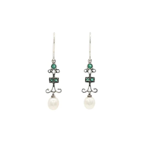 Vintage Sterling Silver Drop Earrings with Emerald and Pearl