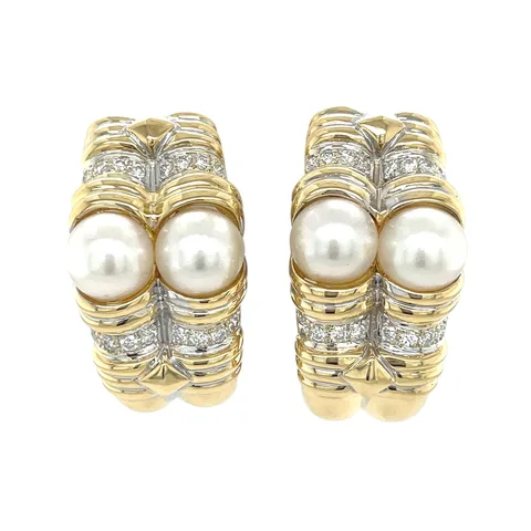 Vintage 18K Gold Drop Earrings with Pearl and Diamond