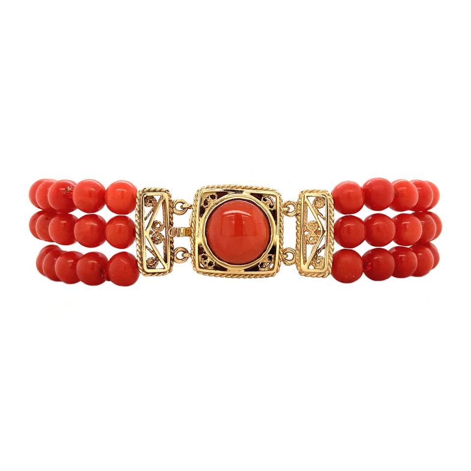Vintage Red Coral Bracelet with 14K Gold Decorative Clasp 18.5 cm
