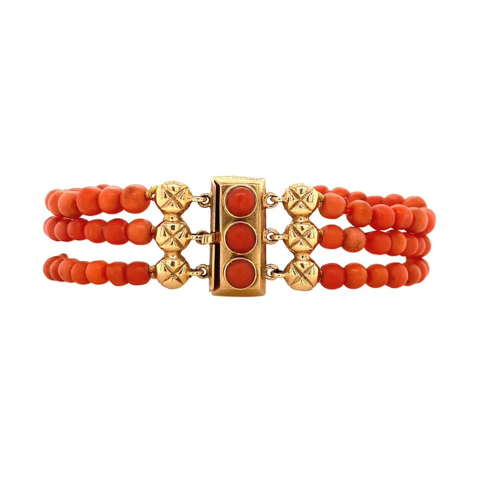 Vintage Red Coral Bracelet with 14K Gold Decorative Clasp 18 cm