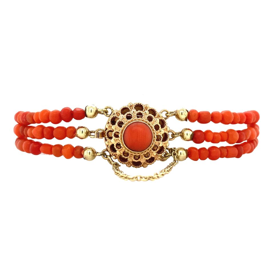 Vintage Red Coral Bracelet with 14K Gold Decorative Clasp 18 cm