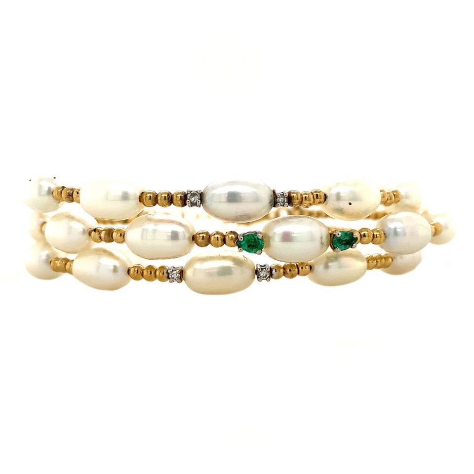 Vintage 18K Gold Bracelet with Pearl, Emerald and Diamond