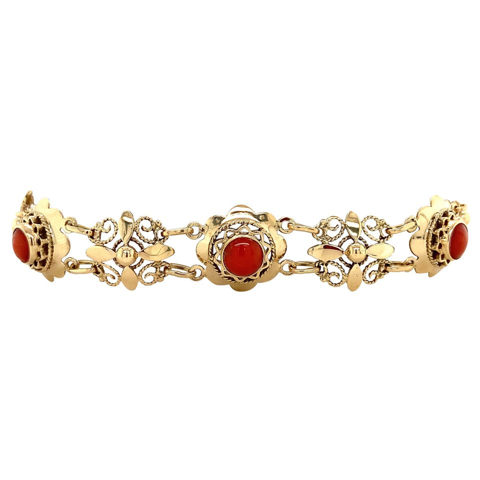 Vintage 14K Gold Boat Link Bracelet with Red Coral 19.5 cm