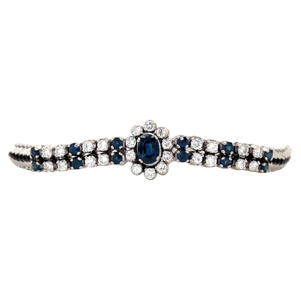 Vintage 14K White Gold Cluster Bracelet with Sapphire and Diamond