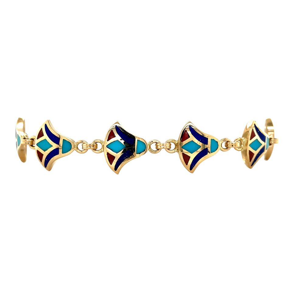 Vintage 18K Gold Bracelet with Turquoise, Red Coral and Lapis Lazuli