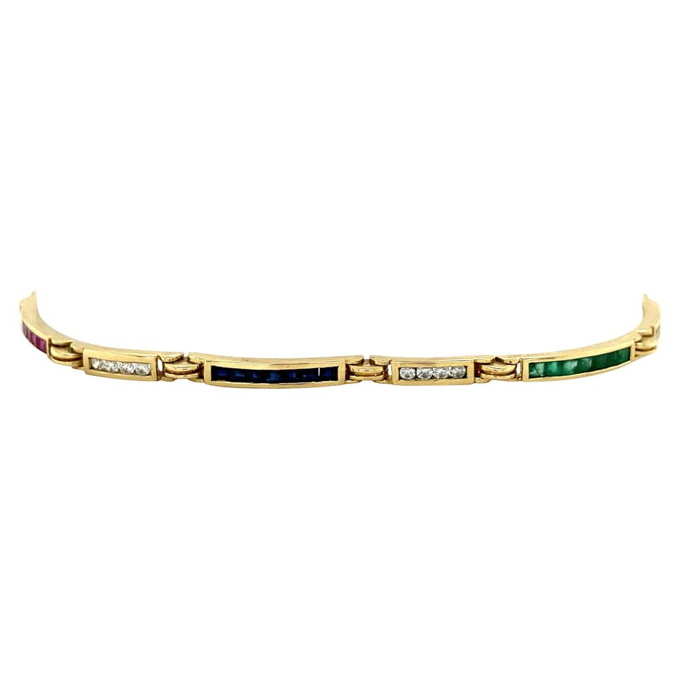 Vintage 14K Gold Bracelet with Sapphire, Emerald, Ruby and Cubic Zirconia 18 cm