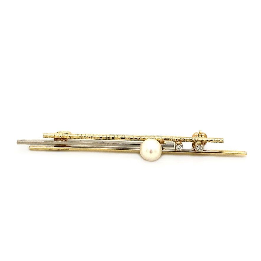 Vintage 14K Gold Brooch with Diamond and Pearl
