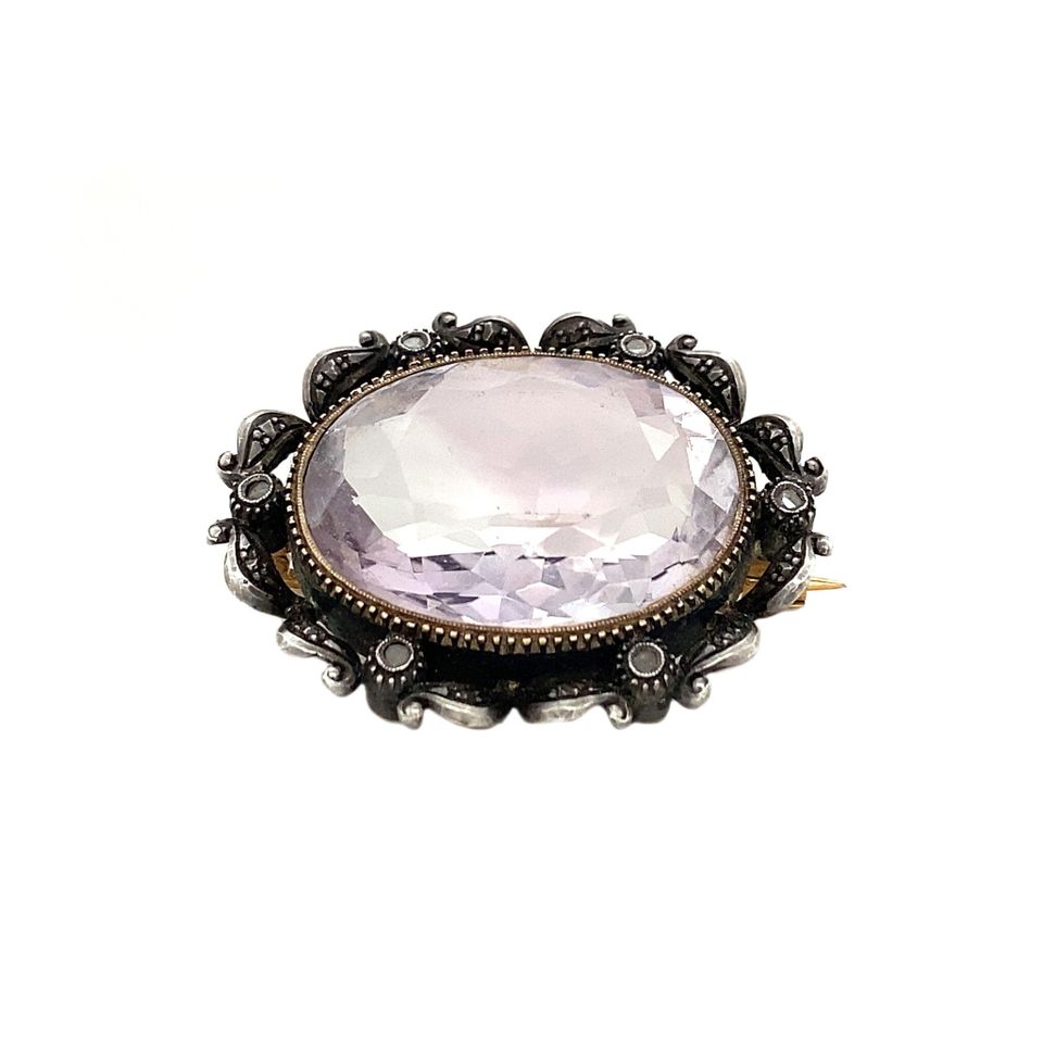 Vintage 18K Gold Brooch with Rose Quartz and Rose Cut Diamond
