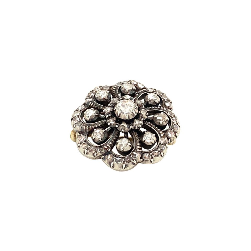 Vintage 14K Gold Cluster Brooch with Rose Cut Diamond