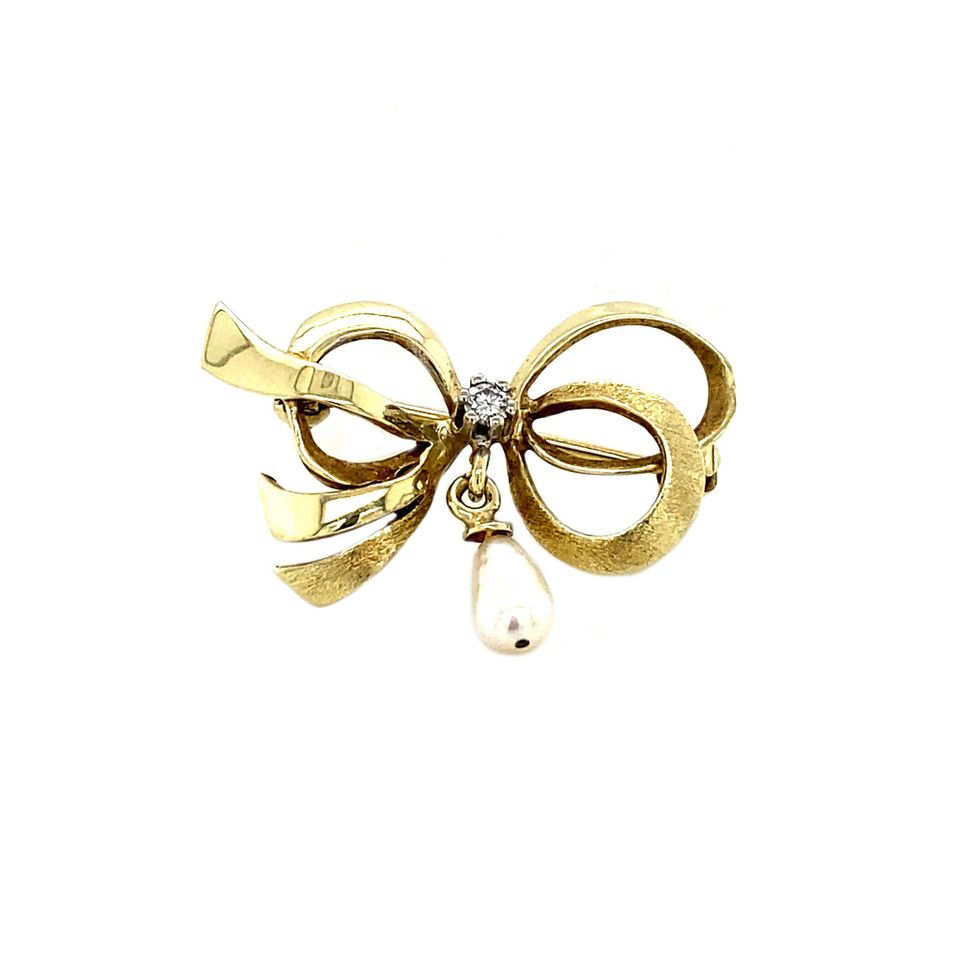Vintage 14K Gold Brooch with Diamond and Pearl