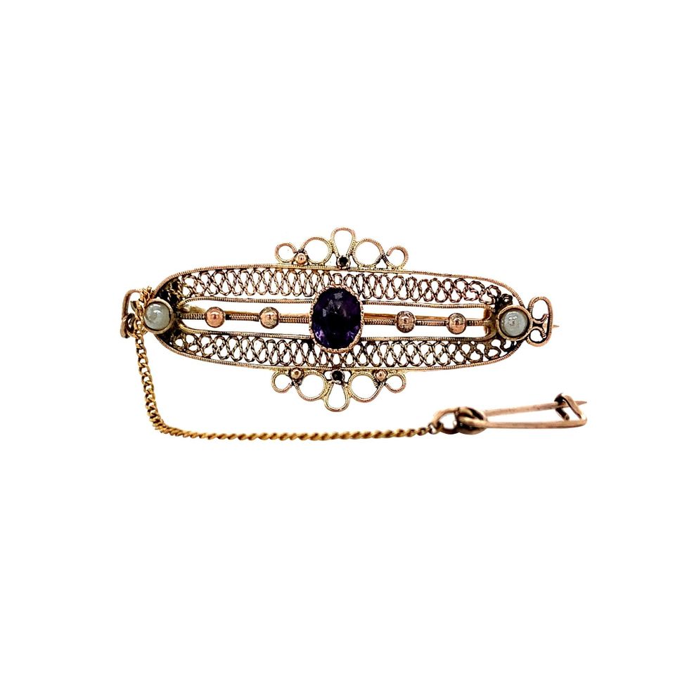 Vintage 14K Gold Brooch with Colored Stone and Pearl