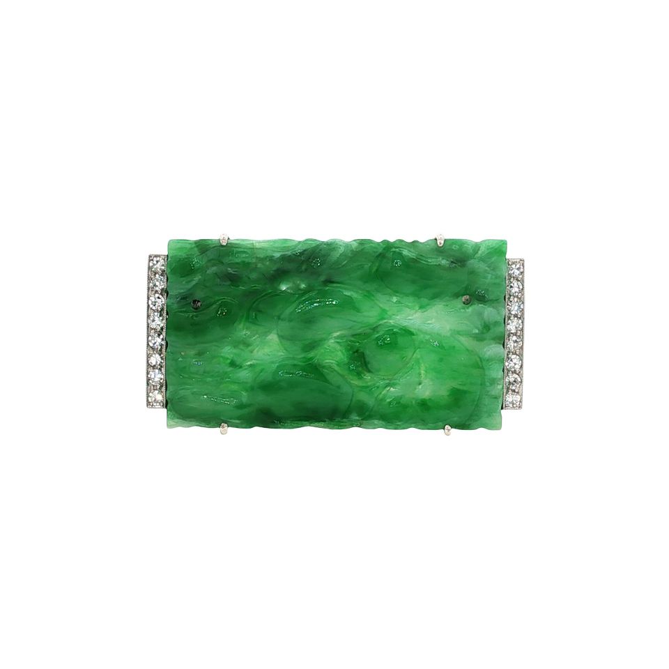 Vintage Silver 14K Gold Brooch with Jade and Diamond