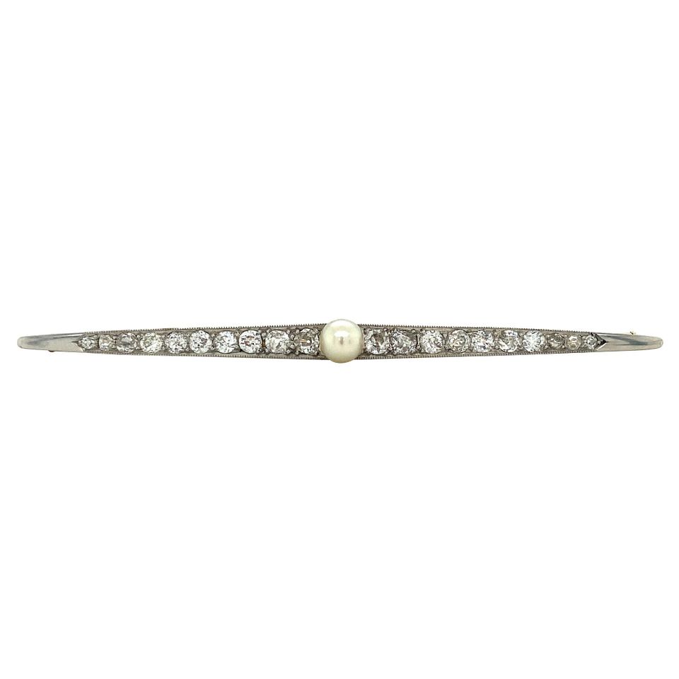 Vintage 14K Two Tone Gold Brooch with Pearl and Diamond