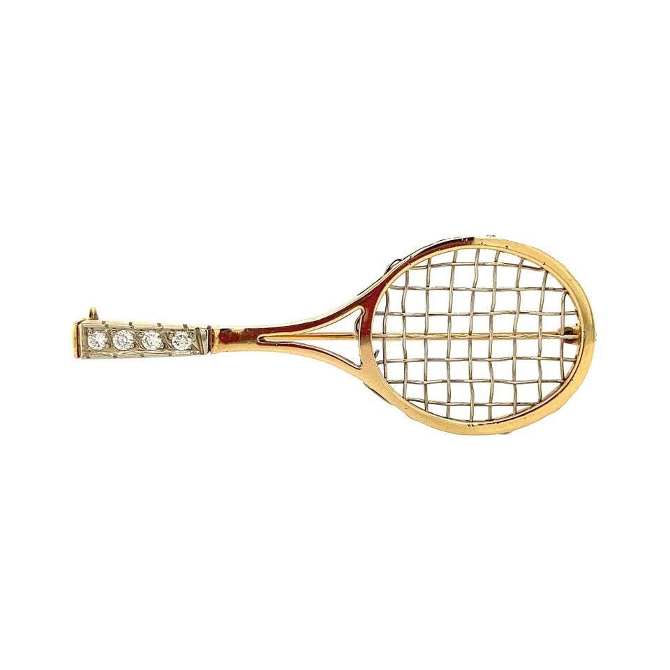 Vintage 14K Gold Tennisracket Brooch with Diamond