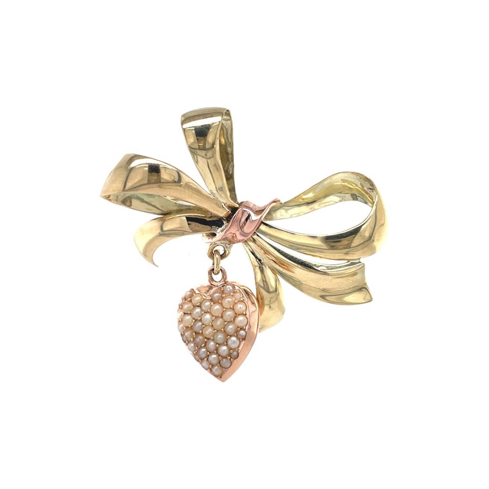 Vintage 14K Gold Bow Brooch with Pearls
