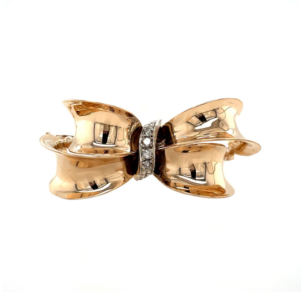 Vintage 14K Gold Bow Brooch with Diamond