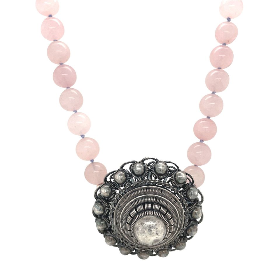 Vintage Rose Quartz Necklace with Sterling Silver Zeeland Button Clasp