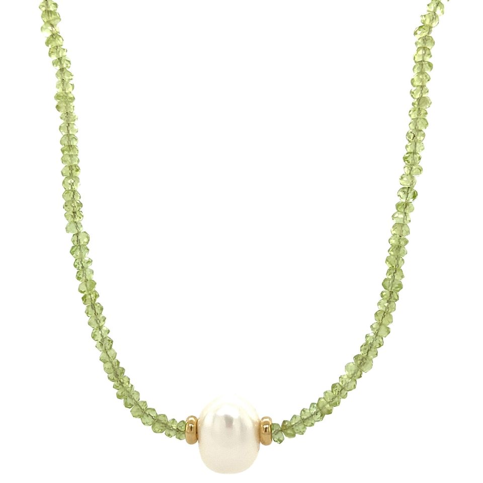 Vintage Peridot Necklace with Pearl and 14K Gold Clasp 39.5 cm