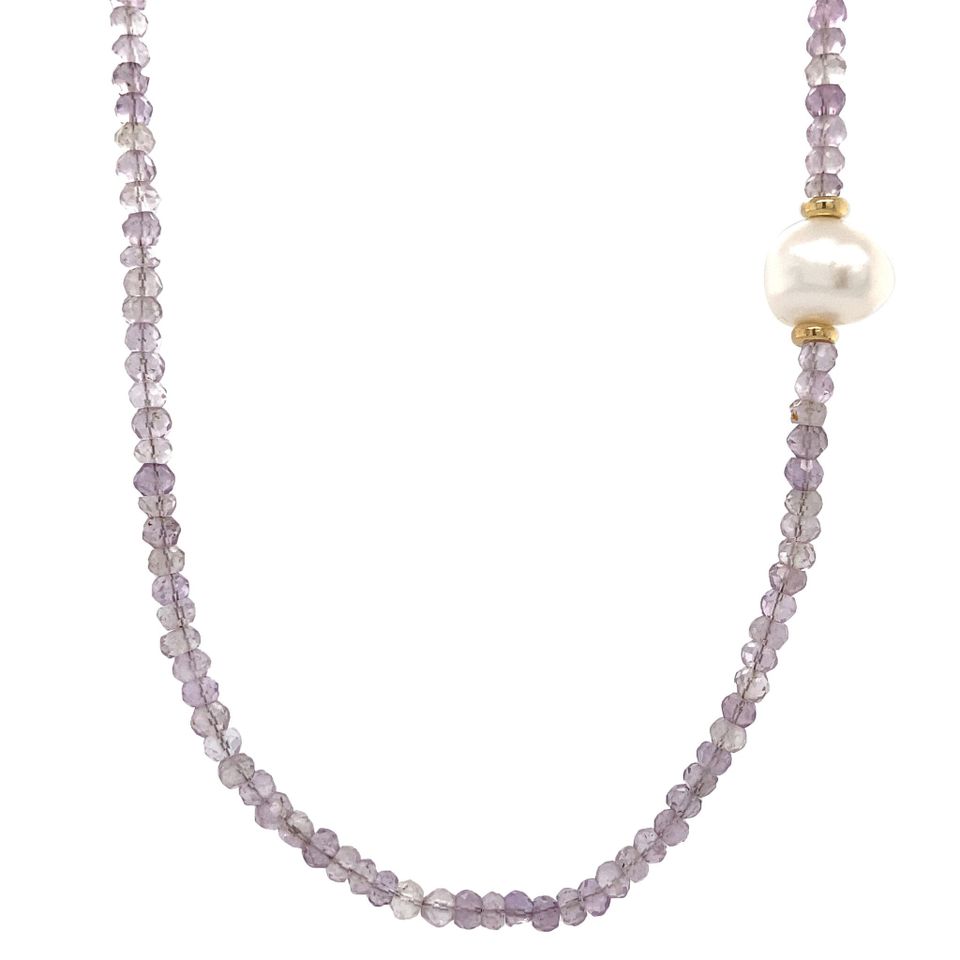 Vintage Amethyst Necklace with Pearl and 14K Gold Clasp 42 cm