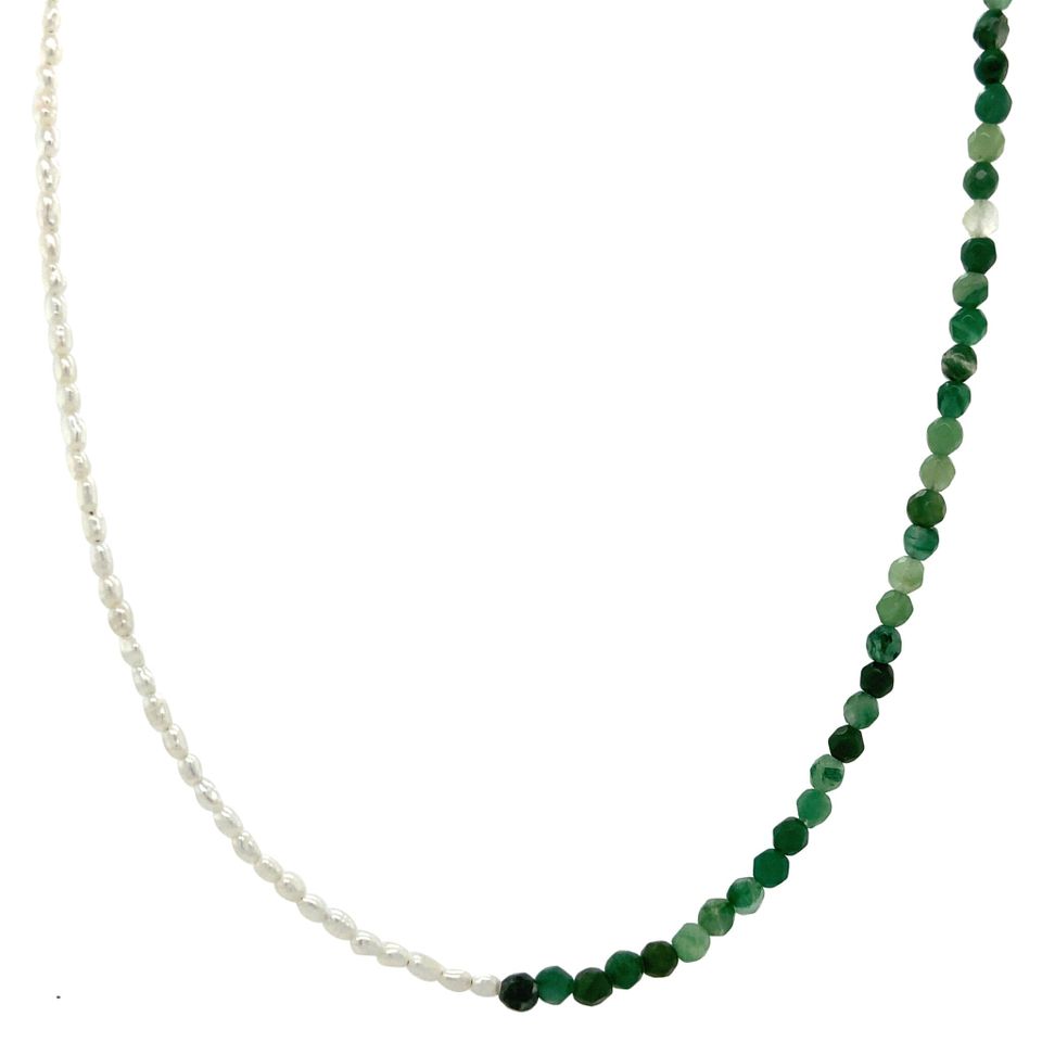 Vintage Jade and Pearl Necklace with 14K Gold Clasp 46 cm