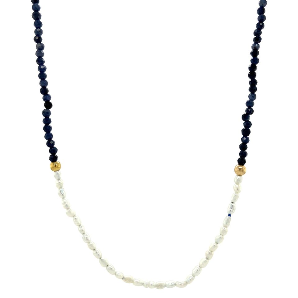 Vintage Sapphire Necklace with Pearl and 14K Gold Clasp 44.5 cm