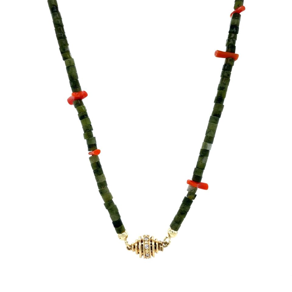 Vintage Jade with Red Coral 14K Gold Necklace with Clasp with Diamond