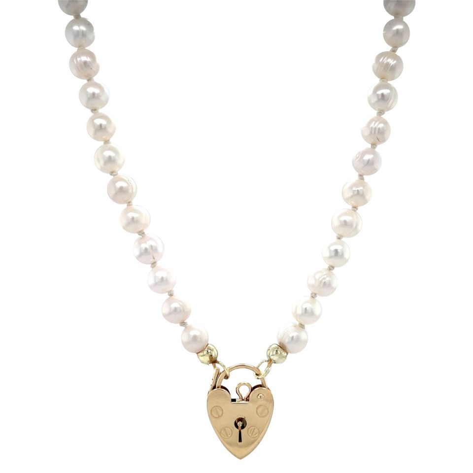 Vintage Pearl 9K Gold Necklace with Heart Clasp