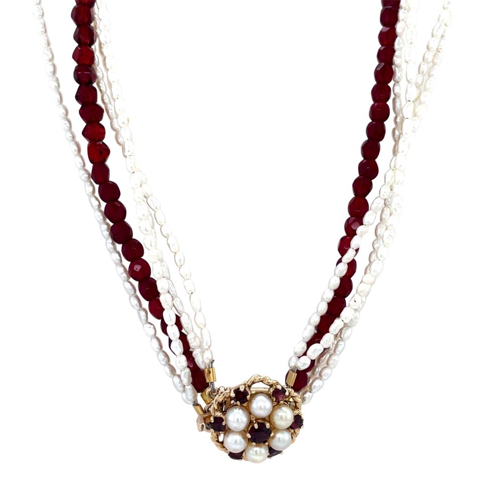Vintage Pearl and Colored Stone 9K Gold Necklace with Dubbele Cluster Decorative Clasp with Garnet and Pearl