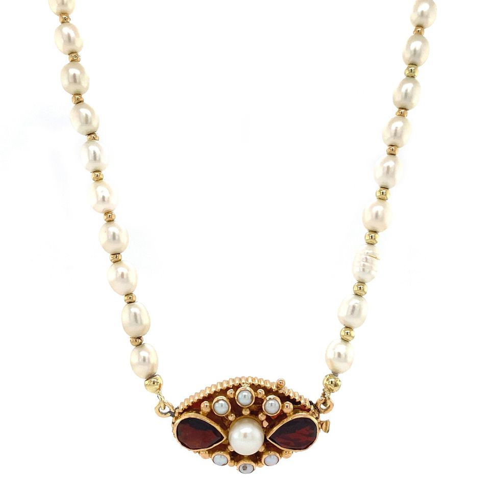 Vintage Pearl Necklace with 14K Gold Garnet Clasp