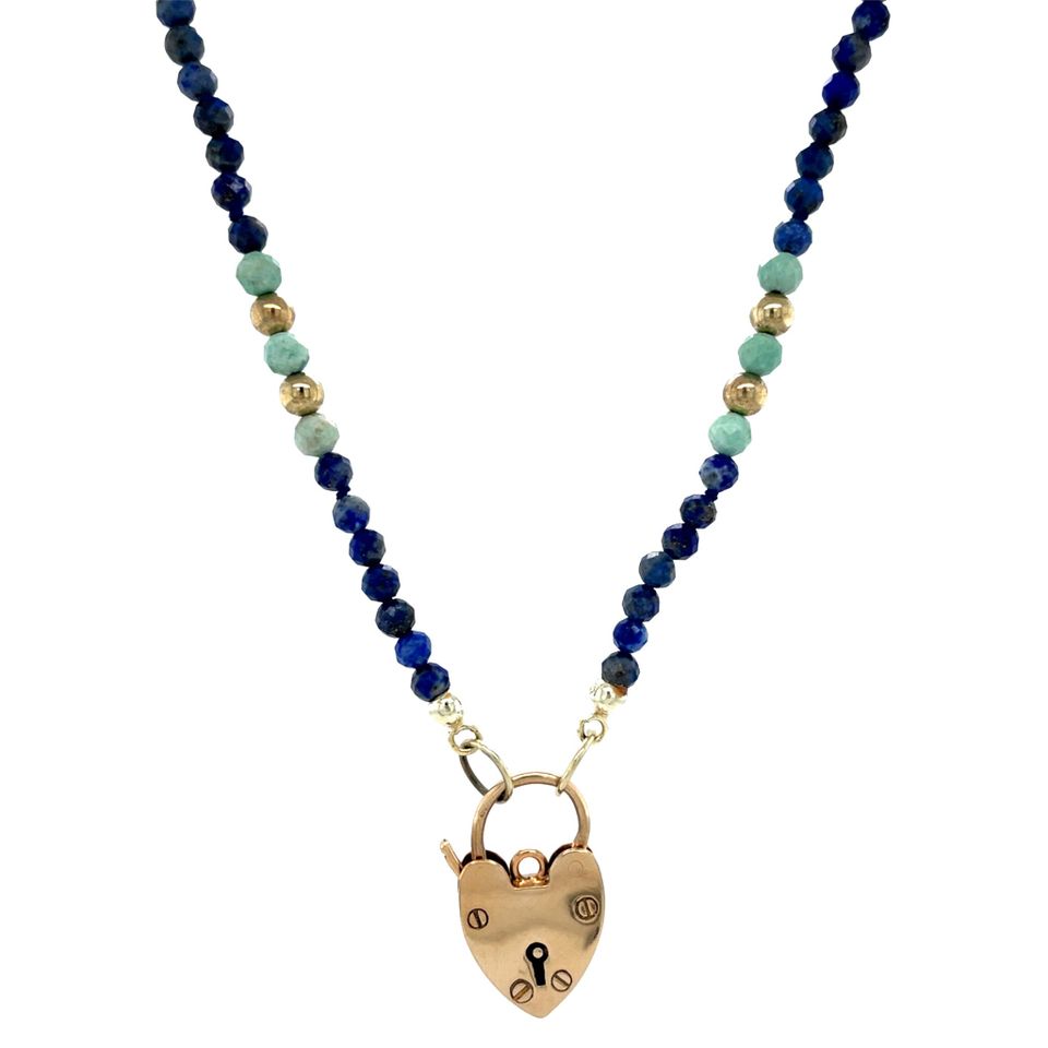 Vintage Sapphire 9K Gold Necklace with Heart Decorative Clasp