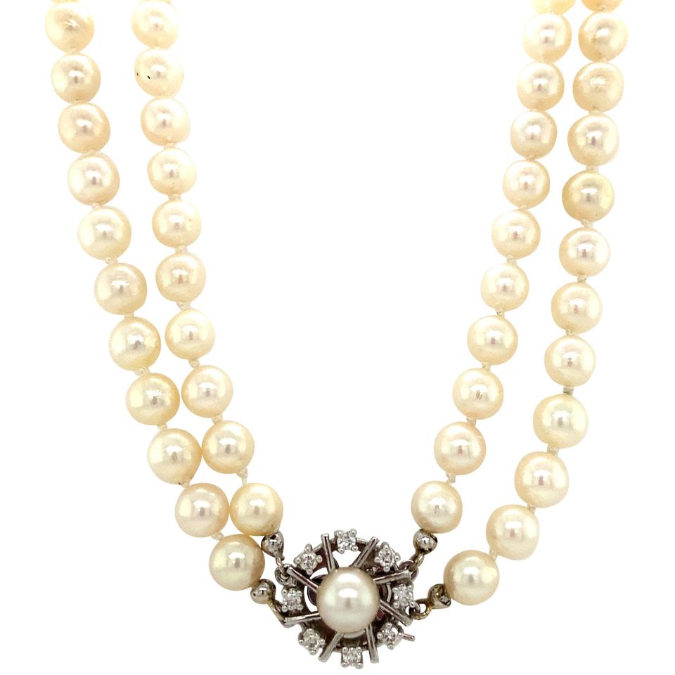 Vintage Pearl Necklace with 14K White Gold Diamond Clasp