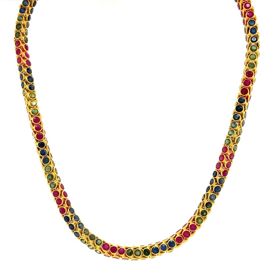 Vintage 18K Gold Necklace with Emerald, Sapphire and Ruby 43.5 cm