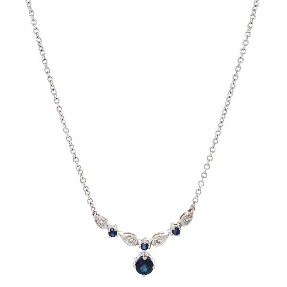 Vintage 14K White Gold Necklace Anchor with Pendant Diamond and Sapphire 45 cm