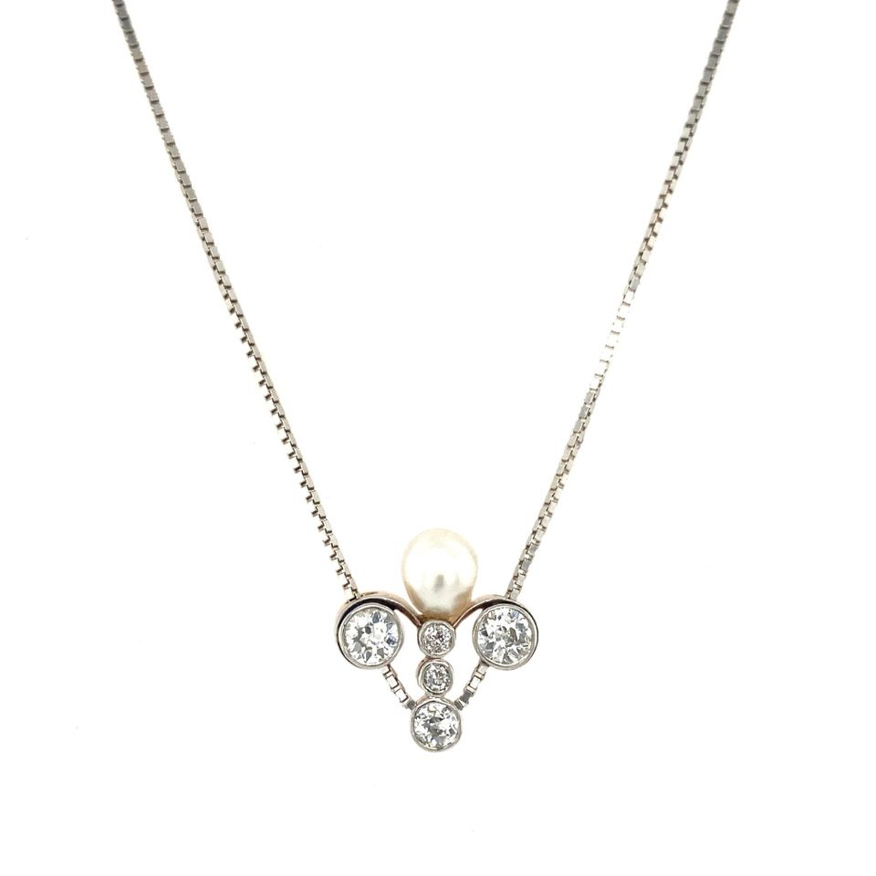 Vintage 14K Gold Necklace Venetian with Pendant Pearl and Diamond 45 cm