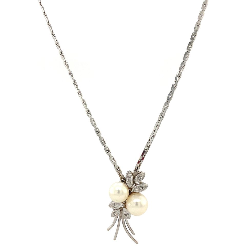 Vintage 14K White Gold Necklace with Diamond and Pearl Pendant