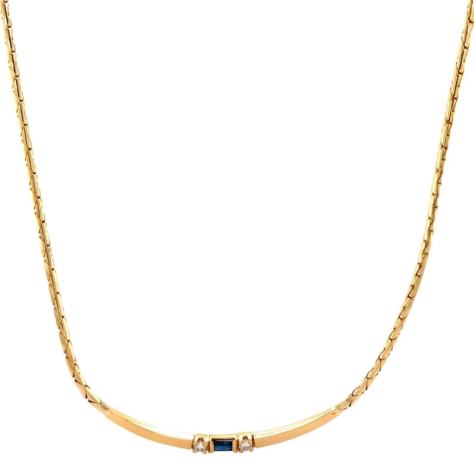 Vintage 14K Gold Necklace with Diamond and Sapphire Pendant