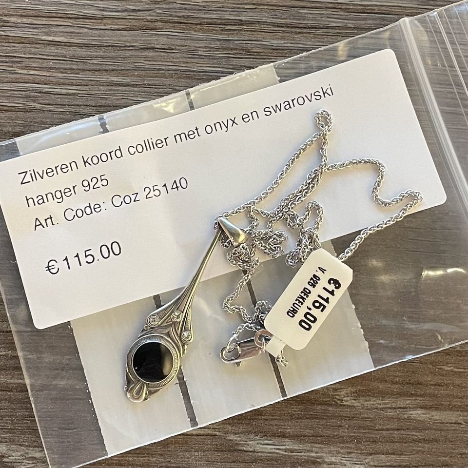 Vintage Sterling Silver Rope Necklace with Onyx and Swarovski Pendant