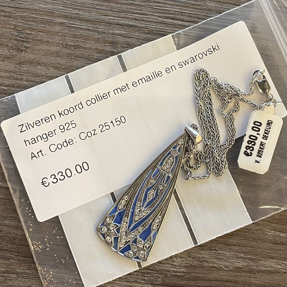 Vintage Sterling Silver Rope Necklace with Enamel and Swarovski Pendant
