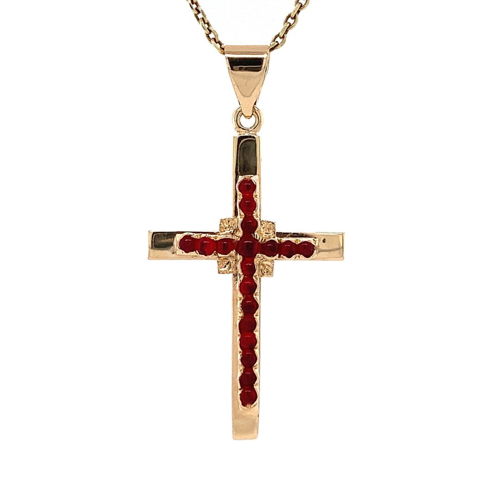 Vintage 14K Gold Cross Pendant with Garnet Doublet