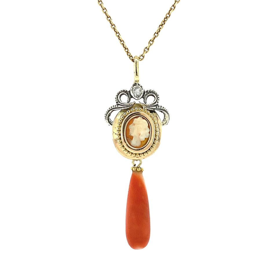 Vintage 14K Gold Pendant with Red Coral and Cameo