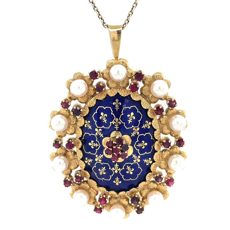 Vintage 18K Gold Cluster Pendant with Enamel, Colored Stone and Pearl