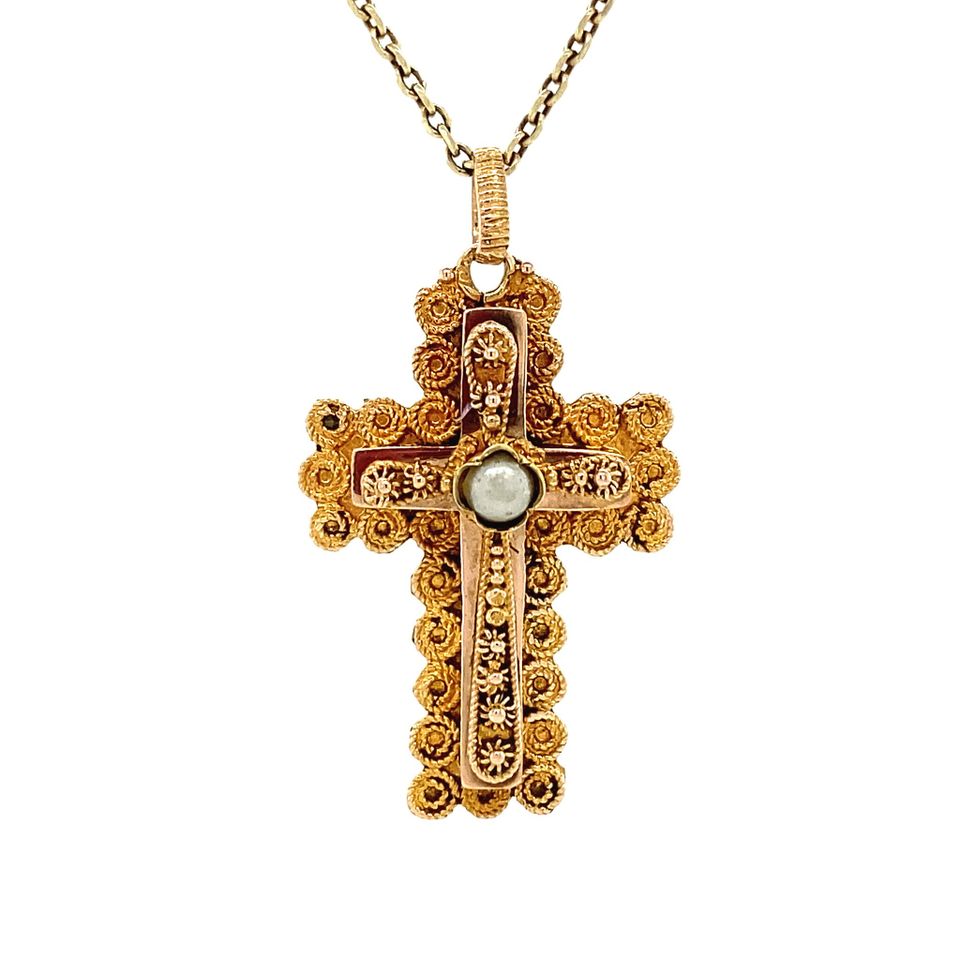 Vintage 14K Gold Pendant Cross with Pearl
