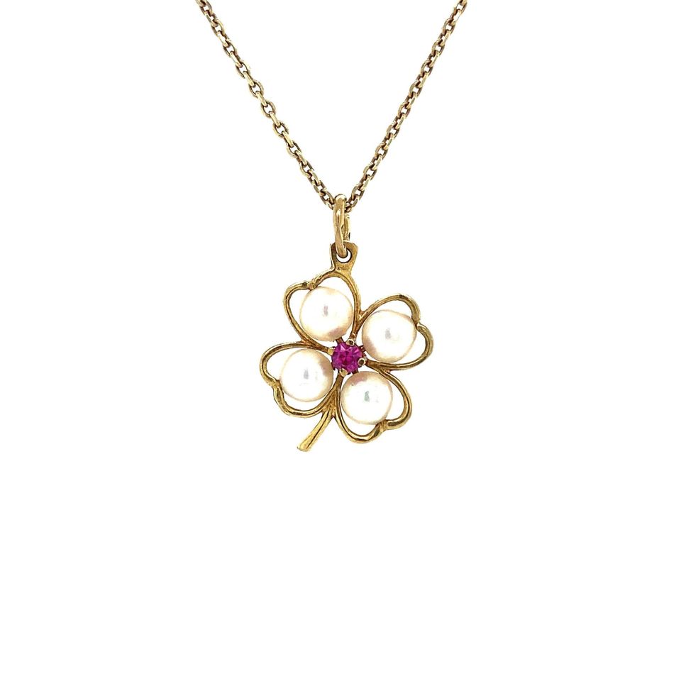 Vintage 18K Gold Pendant with Pearl and Ruby