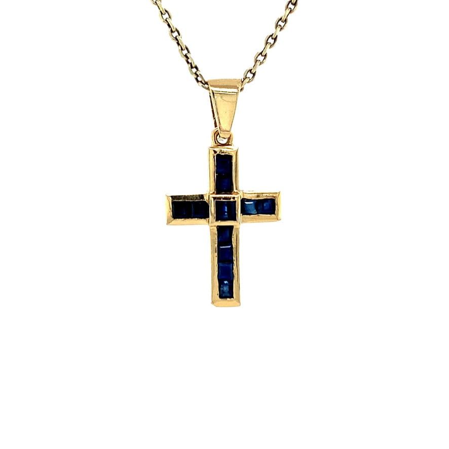 Vintage 18K Gold Cross Pendant with Sapphire